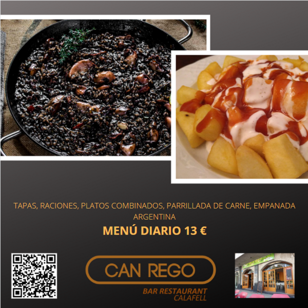 Arròs negre i patates braves del Restaurant Can Regos